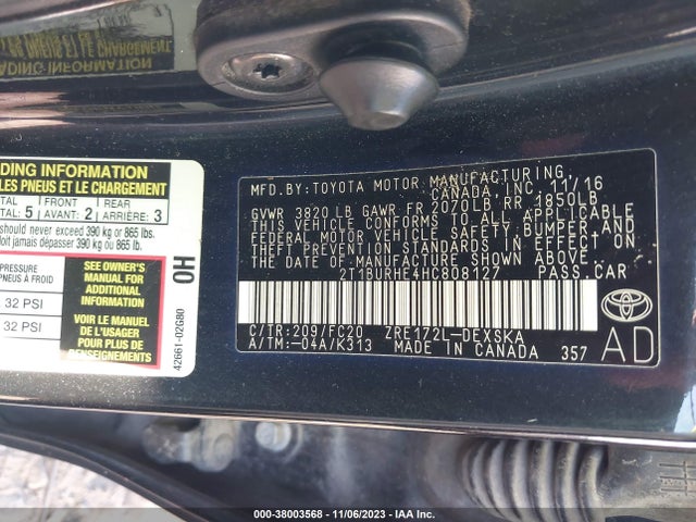2017 TOYOTA COROLLA SE VIN: 2T1BURHE4HC808127