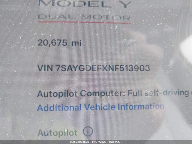 2022 TESLA MODEL Y PERFORMANCE DUAL MOTOR ALL-WHEEL DRIVE VIN: 7SAYGDEFXNF513903