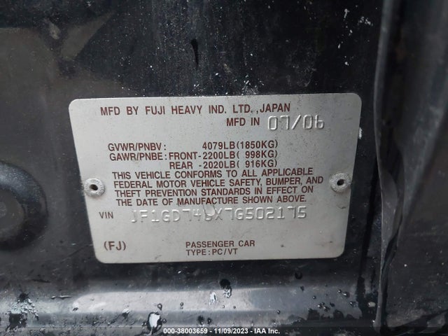 2007 SUBARU IMPREZA WRX VIN: JF1GD746X7G502175