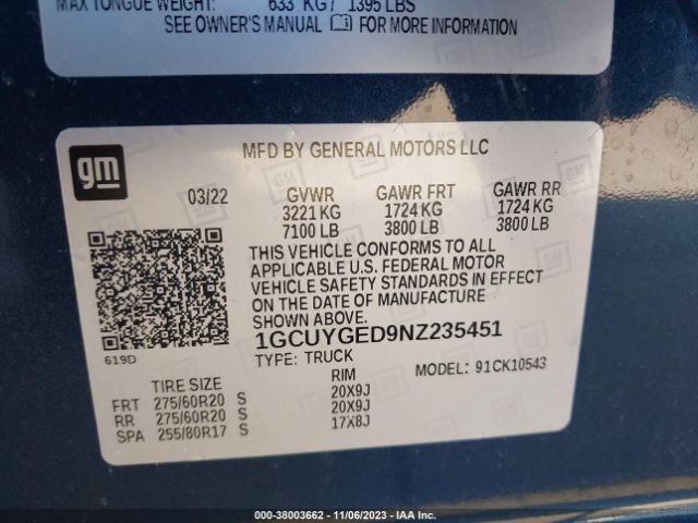 1GCUYGED9NZ235451 Chevrolet Silverado 1500 Ltd 4wd  Short Bed Ltz