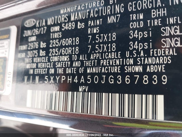 5XYPH4A50JG367839 KIA Sorento 3.3l Ex