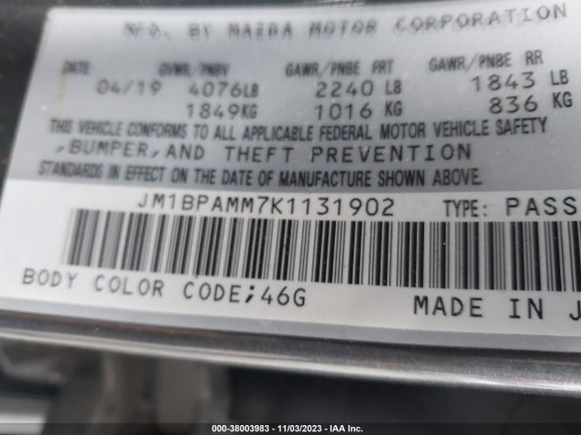 2019 MAZDA MAZDA3 PREFERRED PACKAGE VIN: JM1BPAMM7K1131902