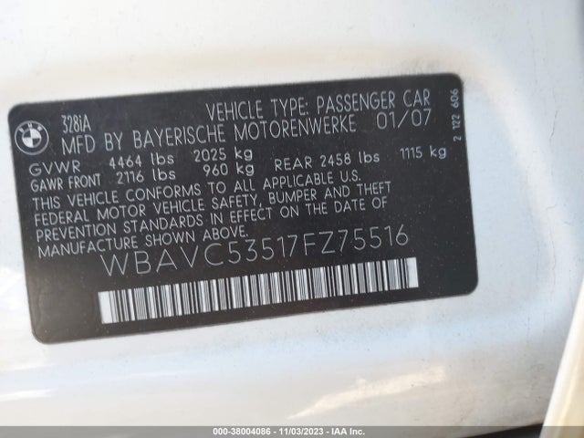 2007 BMW 3 SERIES 328I VIN: WBAVC53517FZ75516