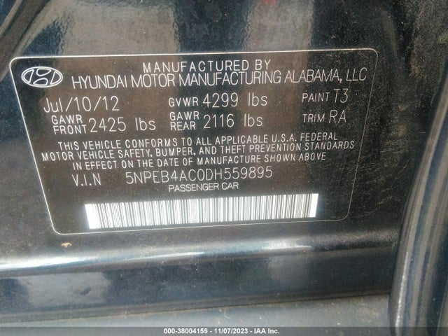 2013 HYUNDAI SONATA GLS VIN: 5NPEB4AC0DH559895
