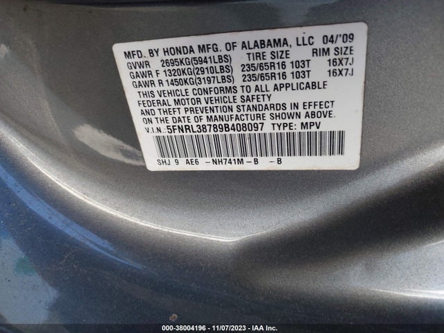 2009 HONDA ODYSSEY EX-L VIN: 5FNRL38789B408097