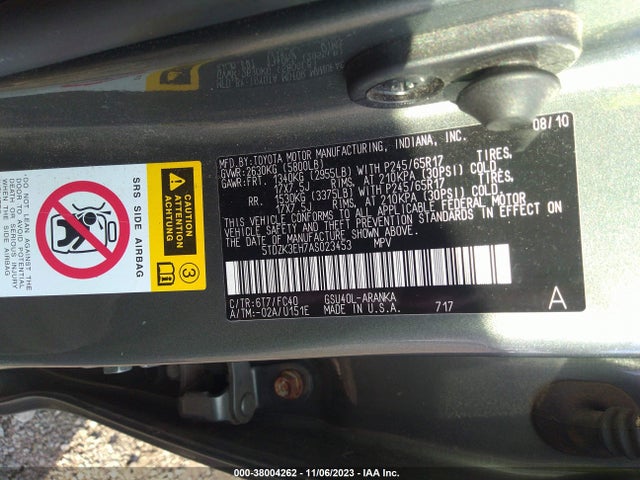 2010 TOYOTA HIGHLANDER BASE VIN: 5TDZK3EH7AS023453
