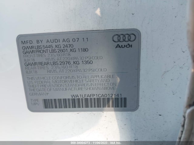 Продаж на аукціоні авто 2012 Audi Q5 2.0t Premium, vin: WA1LFAFP1CA012141, номер лоту: 38004273