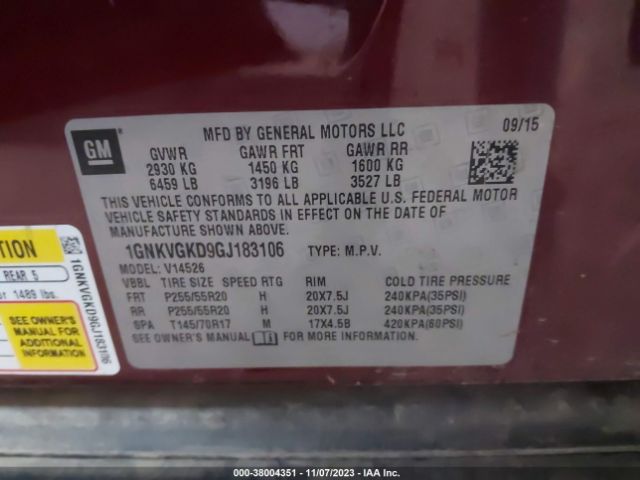 1GNKVGKD9GJ183106 Chevrolet Traverse 1lt