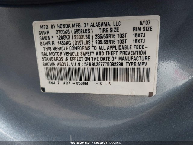2007 HONDA ODYSSEY EX-L VIN: 5FNRL38777B092298