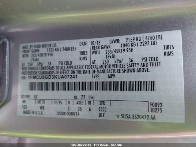 Ford ESCAPE SE 2019 1FMCU9GD3KUA07241 Image 9