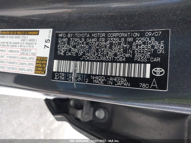 2008 TOYOTA PRIUS TOURING VIN: JTDKB20UX83317084