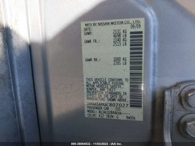 2010 NISSAN MAXIMA 3.5 S VIN: 1N4AA5APXAC807027