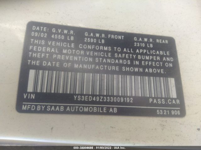 2003 SAAB 9-5 YS3ED49Z333009192 Photo 8