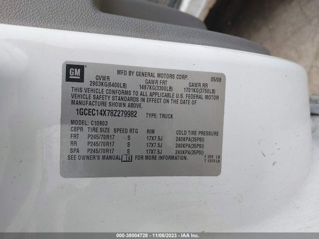 2008 CHEVROLET SILVERADO 1500 WORK TRUCK VIN: 1GCEC14X78Z279982
