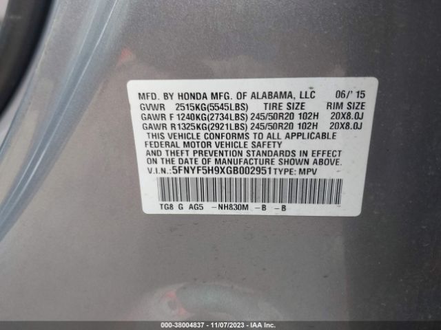 5FNYF5H9XGB002951 Honda Pilot Touring