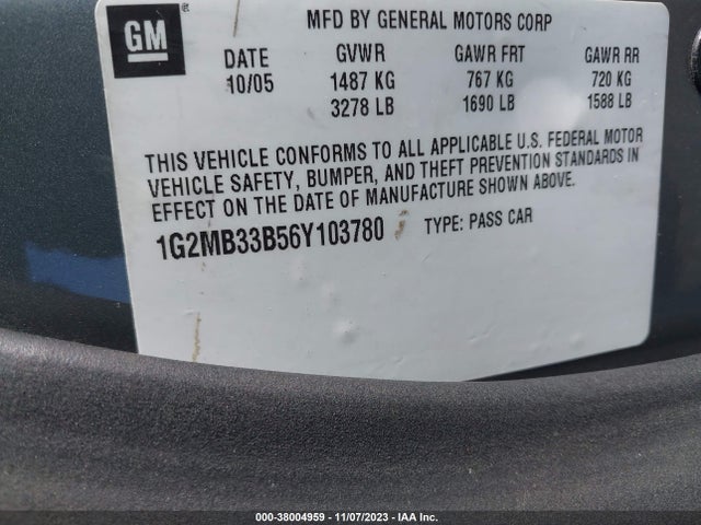 2006 PONTIAC SOLSTICE VIN: 1G2MB33B56Y103780