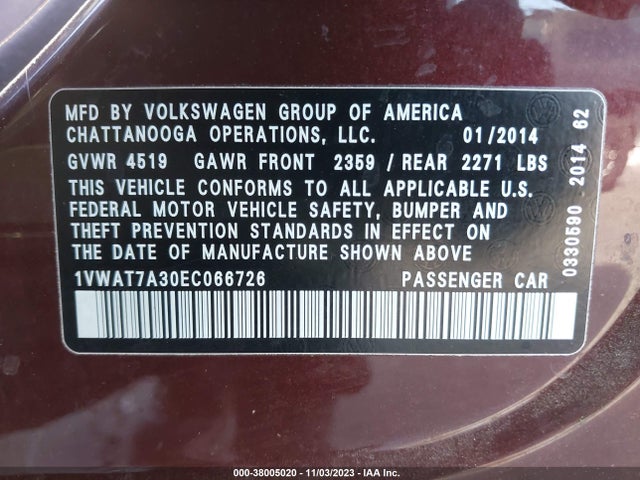 1VWAT7A30EC066726 Volkswagen Passat Wolfsburg Ed
