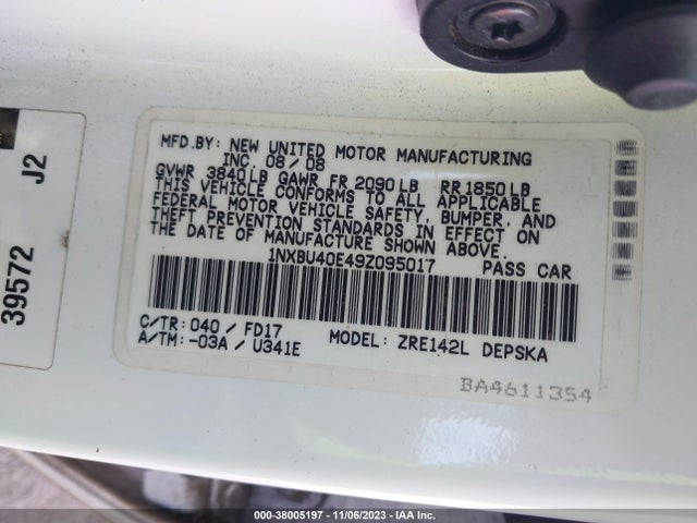2009 Toyota Corolla S მანქანა იყიდება აუქციონზე, vin: 1NXBU40E49Z095017, აუქციონის ნომერი: 38005197