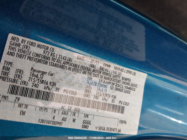 2012 FORD FOCUS SE VIN: 1FAHP3F23CL194802