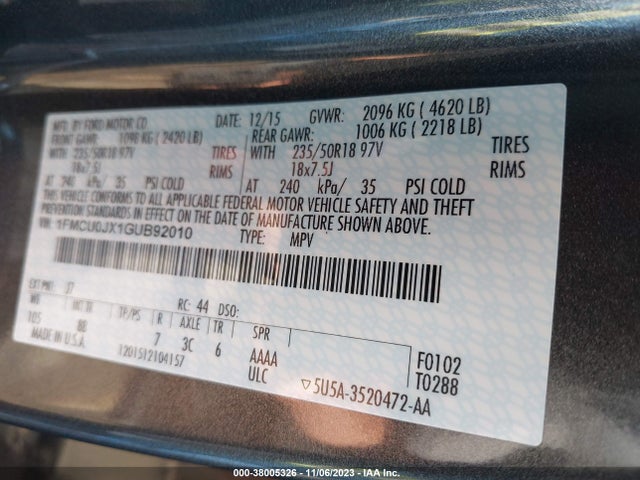 2016 FORD ESCAPE TITANIUM VIN: 1FMCU0JX1GUB92010