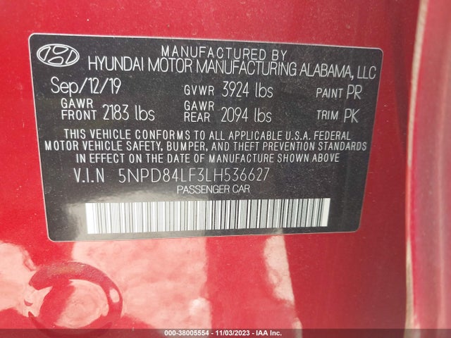 2020 HYUNDAI ELANTRA SEL VIN: 5NPD84LF3LH536627