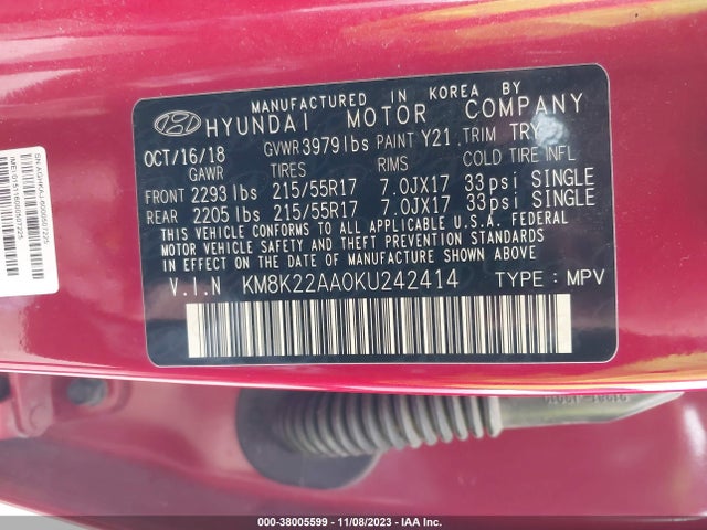 KM8K22AA0KU242414 Hyundai Kona Sel