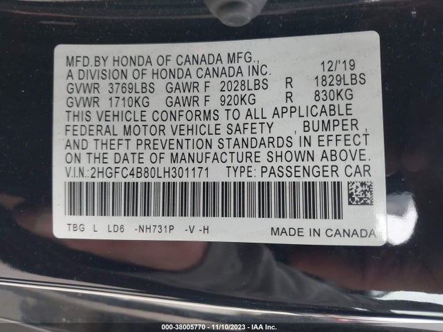 2020 Honda Civic Sport მანქანა იყიდება აუქციონზე, vin: 2HGFC4B80LH301171, აუქციონის ნომერი: 38005770