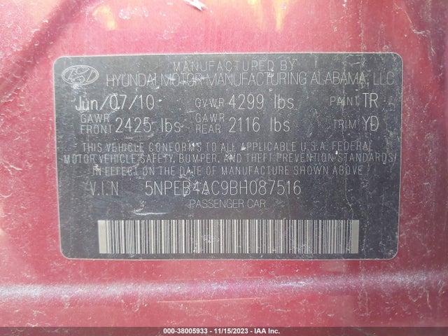 2011 HYUNDAI SONATA GLS VIN: 5NPEB4AC9BH087516