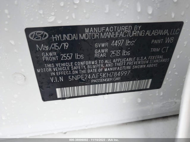 2019 HYUNDAI SONATA SE VIN: 5NPE24AF5KH784997