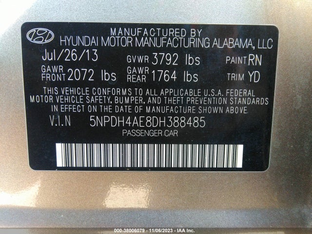 2013 HYUNDAI ELANTRA GLS VIN: 5NPDH4AE8DH388485