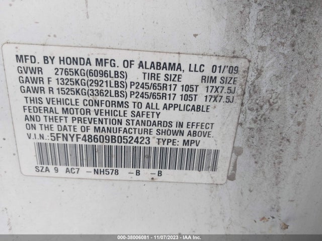 2009 HONDA PILOT EX-L VIN: 5FNYF48609B052423