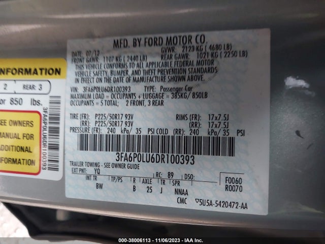 Aukcja sprzedaży 2013 Ford Fusion Hybrid Se, vin: 3FA6P0LU6DR100393, numer aukcji: 38006113