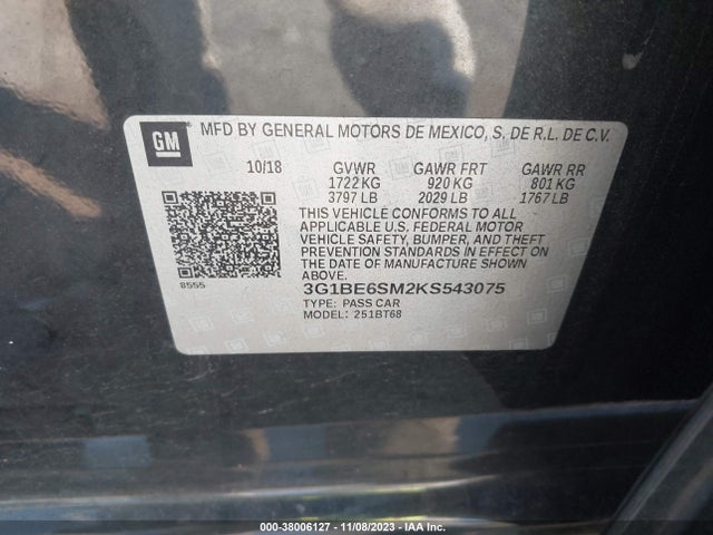 Chevrolet CRUZE LT 2019 3G1BE6SM2KS543075 Image 9