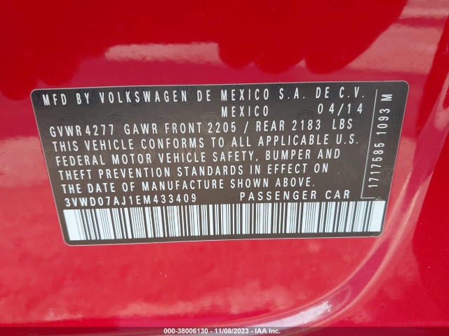 2014 VOLKSWAGEN JETTA 1.8T SE VIN: 3VWD07AJ1EM433409