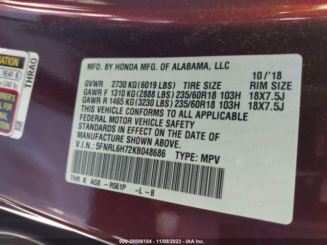 5FNRL6H72KB048686 Honda Odyssey Ex-l