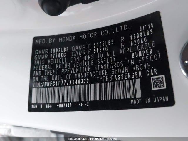 2018 HONDA CIVIC EX-L VIN: JHMFC1F77JX040322