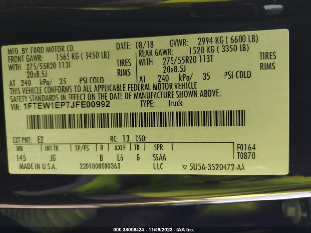 2018 FORD F-150 XL VIN: 1FTEW1EP7JFE00992