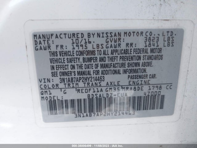 2017 NISSAN SENTRA SV VIN: 3N1AB7AP2HY214463