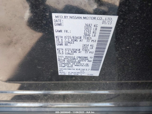 2013 NISSAN PATHFINDER S VIN: 5N1AR2MN7DC683617