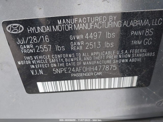 2017 HYUNDAI SONATA 2.4L VIN: 5NPE24AF0HH477875