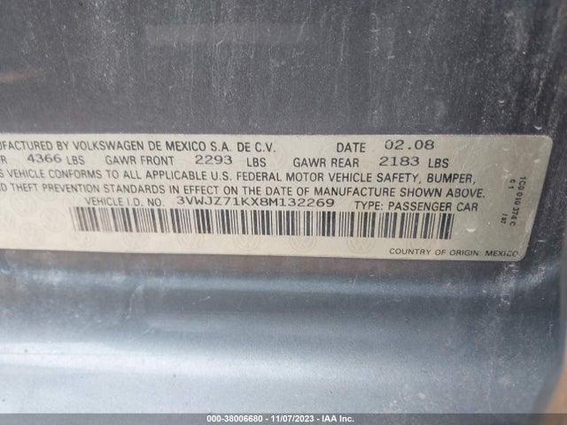 2008 VOLKSWAGEN JETTA S VIN: 3VWJZ71KX8M132269