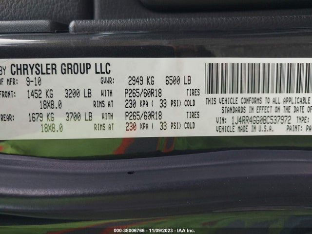 2011 JEEP GRAND CHEROKEE LAREDO VIN: 1J4RR4GG0BC537972
