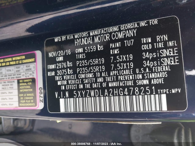2017 HYUNDAI SANTA FE SPORT 2.0T ULTIMATE VIN: 5XYZWDLA2HG478251