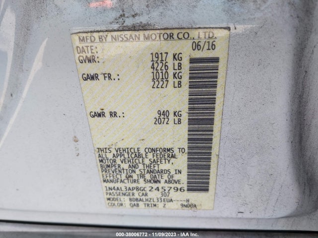 2016 NISSAN ALTIMA 2.5 SR VIN: 1N4AL3AP8GC245796