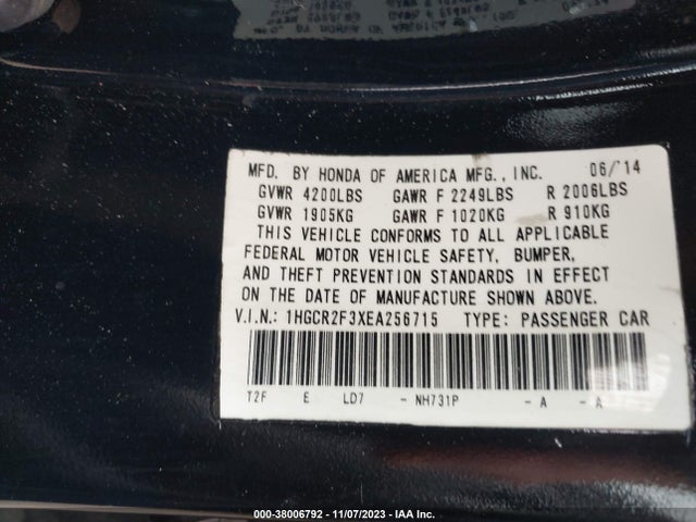 2014 HONDA ACCORD LX VIN: 1HGCR2F3XEA256715