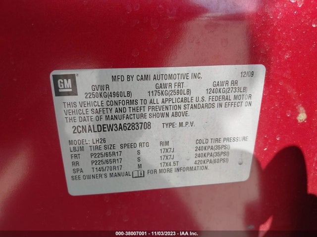 2010 CHEVROLET EQUINOX LT VIN: 2CNALDEW3A6283708
