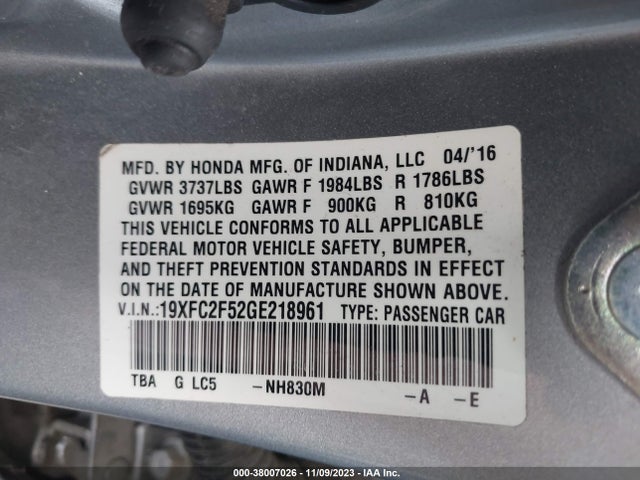 2016 HONDA CIVIC LX VIN: 19XFC2F52GE218961