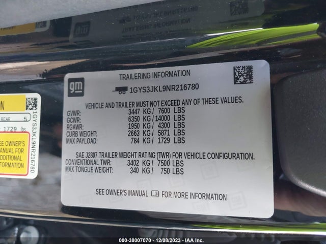 1GYS3JKL9NR216780 Cadillac Escalade Esv 2wd Luxury