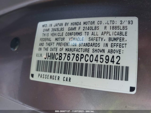 1993 HONDA ACCORD EX VIN: JHMCB7676PC045942