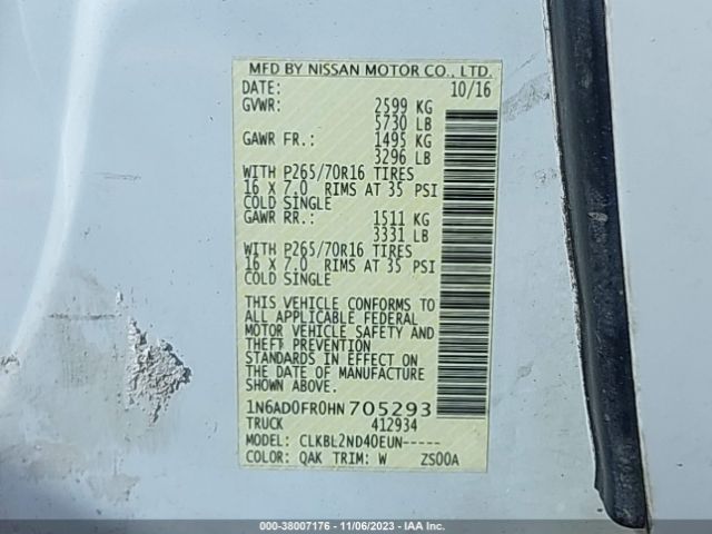 1N6AD0FR0HN705293 Nissan Frontier Sv